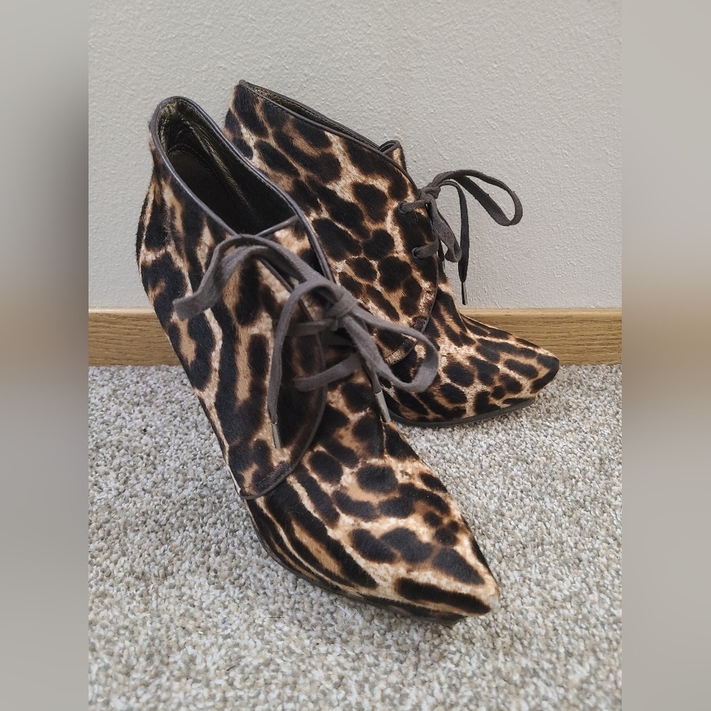Lanvin Platform Stiletto Leopard Print Leather Calf Hair Ankle Boots Booties - Picture 2 of 8